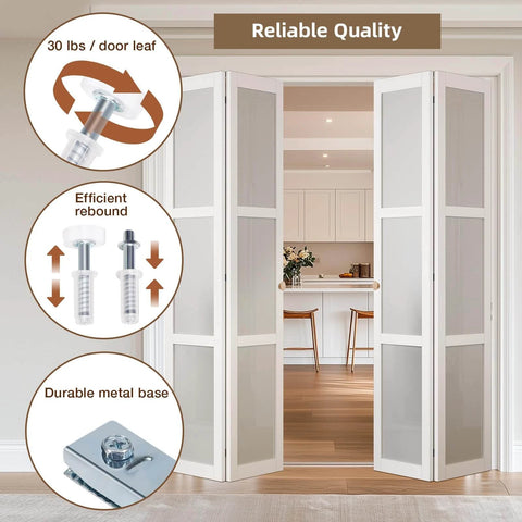 Bifold door hardware kit with 48 inch closet track for folding doors, complete repair set showing components and installed doors
