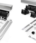 96 inch Bifold Door Hardware Kit showing aluminum tracks, ball-bearing rollers, and hardware components for closet doors.