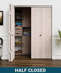 96 inch Bifold Door Hardware Kit demonstrating open, half-closed, and closed configurations in a living room closet setting.