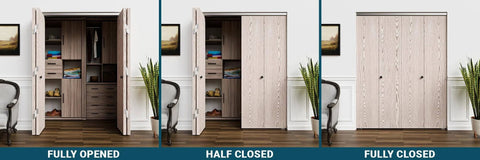 96 inch Bifold Door Hardware Kit demonstrating open, half-closed, and closed configurations in a living room closet setting.