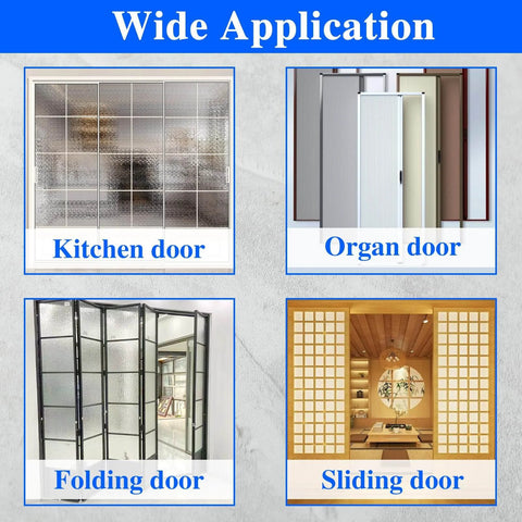 Image showcasing applications of the Bifold Door Hardware Kit 2 Pack for kitchen, organ, folding, and sliding doors.