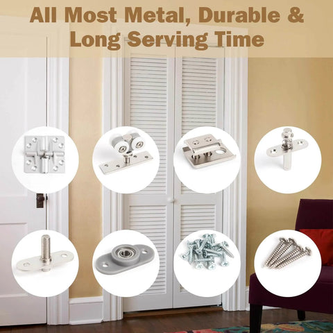 Components of Bifold Door Hardware Kits with 36 Inch Long Track shown against folding closet doors