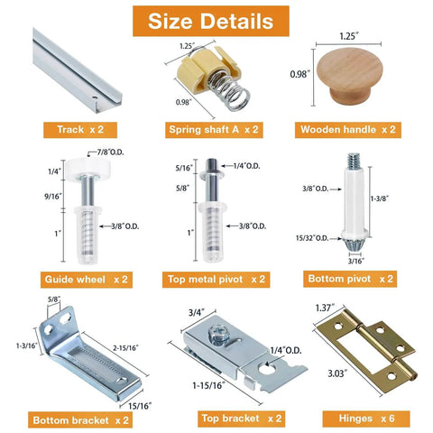 Components of Bifold Door Hardware Kit, 2-Pack 30-Inch Bi-fold Closet Door Track Kit including brackets, pivots, and handles with size details