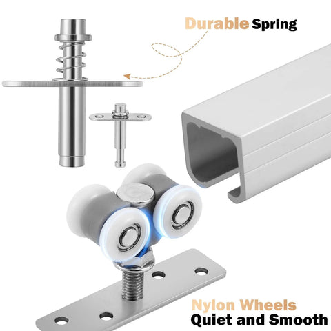2 Pack Bifold Door Hardware Kits showing 36-inch aluminum track, durable spring, and nylon wheel assembly for folding closet use