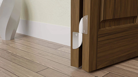 Close-up of hinge detail on a wooden door using 96 inch Bifold Door Hardware Kit, Bifold Door Track 96 inch for 4 Doors Closet Folding Door
