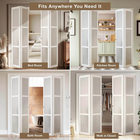 Bifold door hardware kit with 48 inch closet track for folding doors shown in bedroom, kitchen, bathroom, and walk-in closet