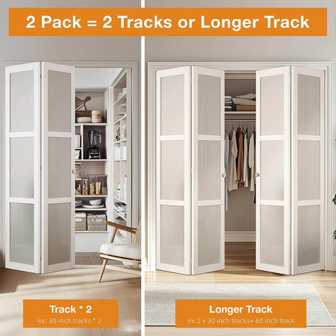 Bifold Door Hardware Kit, 2-Pack 30-Inch Bi-fold Closet Door Track Kit installed on double-folding doors in a living area
