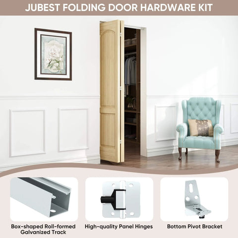 36 Inch Bifold Door Hardware Kit Top Mounted installed in a living room closet with details of components displayed