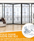 12 Pack Bifold Door Hardware Kit For Closet Doors Replacement Parts Including Track With Guide Wheel For Seven Eighths To One Inch Size Three Eighths Inch Pivot Top And Bottom Brackets For Folding Sliding Barn Doors displayed in a room with glass doors and a wooden floor.