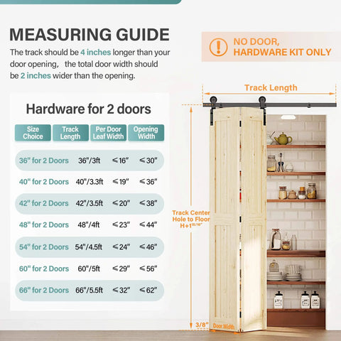 Measuring guide for Bifold Door Hardware for Closet: Heavy Duty Bi Fold Barn Door Hardware Kit with track lengths for multiple setups