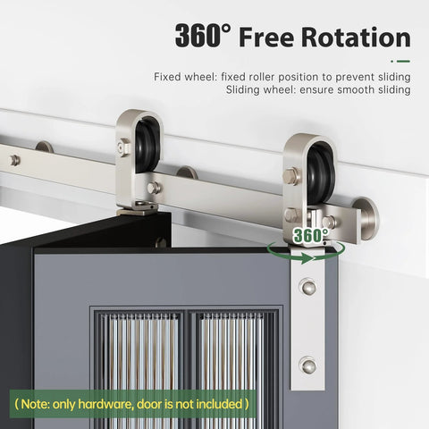 28 Inch Brushed Nickel Bifold Sliding Barn Door Hardware Track Kit With Side Mounted J Shape Rollers For Smooth Quiet Operation Easy Assembly Designed To Fit Double 12 Inch Bi Folding Doors Door Not Included showcasing roller design and brackets.