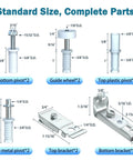 Bifold door hardware repair kit components with pivots, guide wheels, and brackets in various dimensions for sliding closet doors.