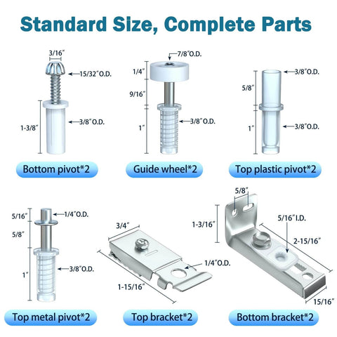 Bifold door hardware repair kit components with pivots, guide wheels, and brackets in various dimensions for sliding closet doors.