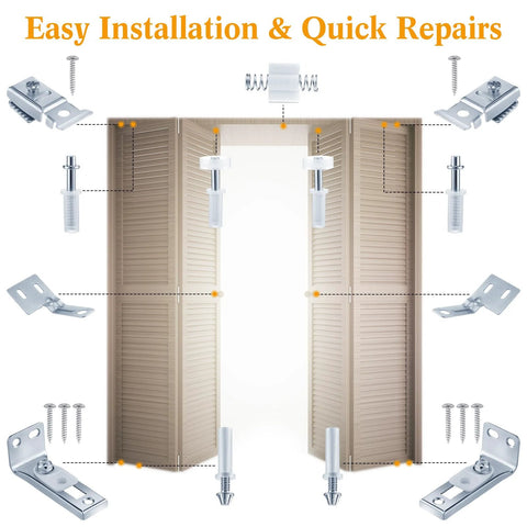 12 Pack Bifold Door Hardware Kit For Closet Doors Replacement Parts Including Track With Guide Wheel For Seven Eighths To One Inch Size Three Eighths Inch Pivot Top And Bottom Brackets For Folding Sliding Barn Doors displayed around a bifold door