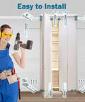 Bifold door hardware repair kit 2 pack with brackets, pivots, guide wheels and installer in blue overalls next to a closet door.