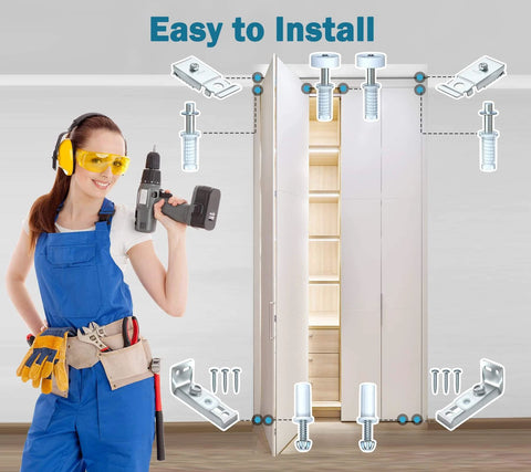 Bifold door hardware repair kit 2 pack with brackets, pivots, guide wheels and installer in blue overalls next to a closet door.