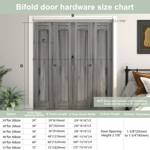 60 Inch Bifold Door Hardware Kit For Four Doors Aluminum Top Mounted Sliding Barn Door Hardware For Bathroom Bedroom Storeroom Living Room Durable Rust Resistant Wear Resistant High Precision Aluminum shown in size chart.
