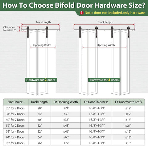 Diagram showing bifold door hardware size guide for 28 Inch Brushed Nickel Bifold Sliding Barn Door Hardware Track Kit With Side Mounted J Shape Rollers For Smooth Quiet Operation Easy Assembly Designed To Fit Double 12 Inch Bi Folding Doors Door Not Included.