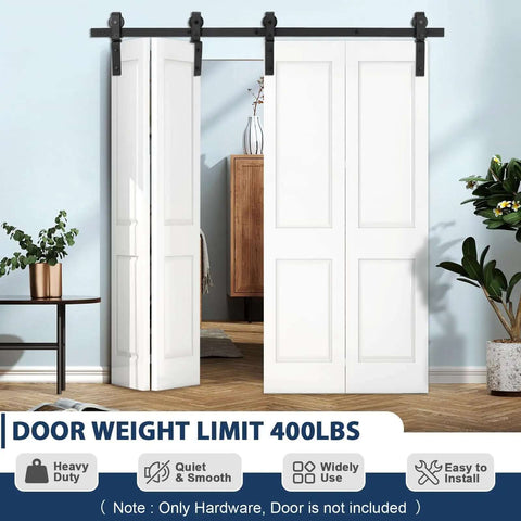 Beefed Up Heavy Duty Bi Folding Sliding Barn Door Hardware Track Kit For Four Closet Doors, shown installed with white panels, side view