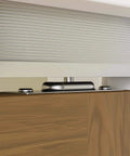 Close-up of 96 inch Bifold Door Hardware Kit track and roller for 4 doors, heavy duty for smooth operation, wood and metal detail.