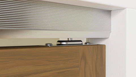 Close-up of 96 inch Bifold Door Hardware Kit track and roller for 4 doors, heavy duty for smooth operation, wood and metal detail.