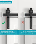 Comparison of correct and incorrect installation of 36" Bi-Folding Sliding Barn Door Hardware Track Kit, noting track must be longer than door panel size.