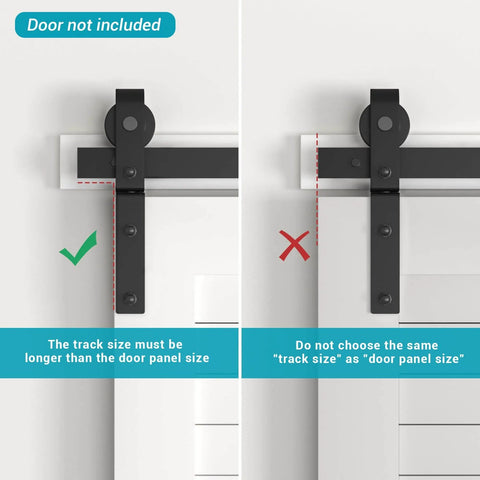 Comparison of correct and incorrect installation of 36" Bi-Folding Sliding Barn Door Hardware Track Kit, noting track must be longer than door panel size.
