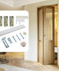 Bifold Door Hardware with Track, 30-Inch Bi-fold Closet Door Track Kit, Uninterrupted Steel Track displayed with components and installed in room