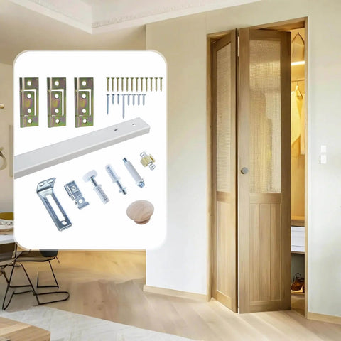Bifold Door Hardware with Track, 30-Inch Bi-fold Closet Door Track Kit, Uninterrupted Steel Track displayed with components and installed in room