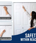 Two Pack Bifold Door Lock Child And Pet Proof Tool Free Install shown in use with extension wand on closet doors