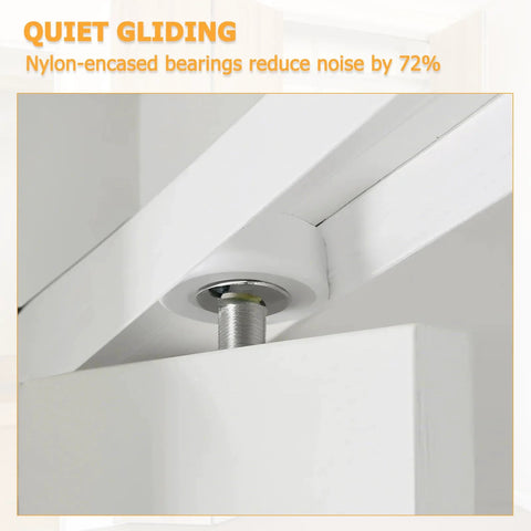 Close-up of 30-Inch Bifold Door Hardware with Track system featuring nylon-encased bearings for quiet operation, stainless steel track visible.