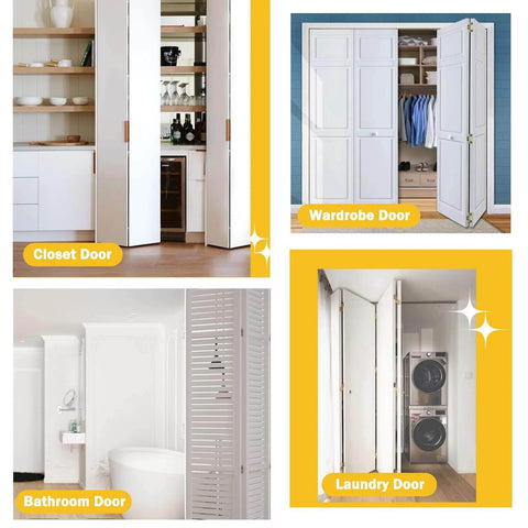 Various bifold doors in a living room, wardrobe, bathroom, and laundry room, highlighting closet bifold door hardware repair kit 2 pack.