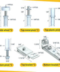 Closet bifold door hardware repair kit components with guide wheels, pivots, and brackets for 1 to 1-3/8 inch thick doors.