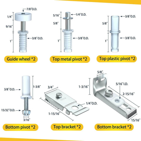 Closet bifold door hardware repair kit components with guide wheels, pivots, and brackets for 1 to 1-3/8 inch thick doors.