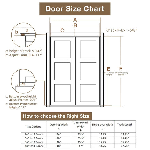Bifold door hardware kit with 48 inch closet track for folding doors size chart and installation dimensions guide