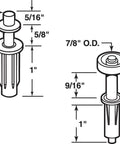 Diagram of Bi-Fold Door Top Pivot And Guide Wheel Set 2 Pack For Closet Doors Nylon And Metal 7/8in Roller 1/4in Pivot dimensions.