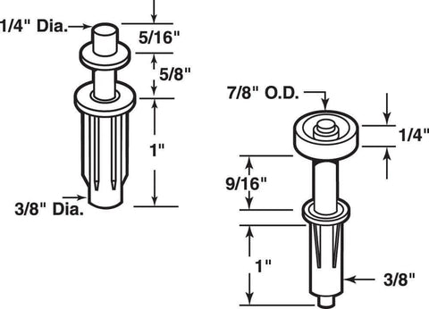 Diagram of Bi-Fold Door Top Pivot And Guide Wheel Set 2 Pack For Closet Doors Nylon And Metal 7/8in Roller 1/4in Pivot dimensions.