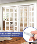 Bifold Closet Door Hardware Kit With 16 Pieces Top Roller Guide Wheels And Top Pivots shown installed on white bi-fold doors.