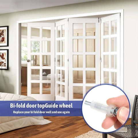 Bifold Closet Door Hardware Kit With 16 Pieces Top Roller Guide Wheels And Top Pivots shown installed on white bi-fold doors.