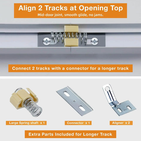 Bifold Door Hardware Kit, 2-Pack 30-Inch Bi-fold Closet Door Track Kit components with springs, connectors, and aligners displayed.