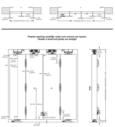 Installation diagram for 60 Inch Bifold Door Hardware Kit For Four Doors Aluminum Top Mounted Sliding Barn Door Hardware