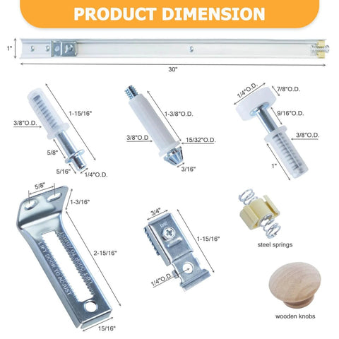 Bifold Door Hardware with Track, 30-Inch Bi-fold Closet Door Track Kit components showing detailed dimensions and materials