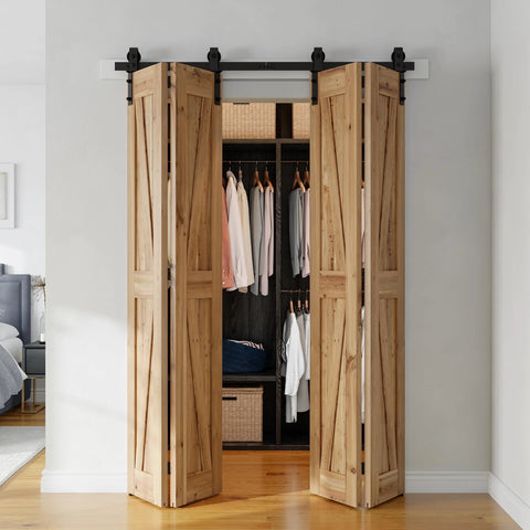 Bi Folding Sliding Barn Door Hardware Kit For Four Doors Heavy Duty Side Mounted Bifold System 64 Inch Track With Nylon Rollers Quiet Smooth Operation Easy To Install Fits 60 Inch Doors No Doors Included installed view