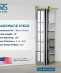 Gold Finish Bifold Sliding Barn Door Hardware Kit For Two Doors 36 Inch Track shown with specs and no door included