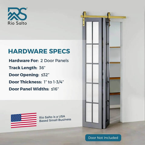 Gold Finish Bifold Sliding Barn Door Hardware Kit For Two Doors 36 Inch Track shown with specs and no door included