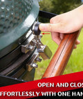 Latch Assembly for Large Green Egg Zinc Alloy Hinge Band Replacement in use, showcasing one-handed operation for grill seal