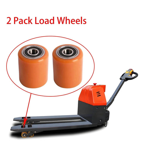 2 PCS Load Wheel Kit compatible with Big Joe E30 and EZ30 pallet jack models, replaces part 1115-133000-40, wheels shown with pallet jack