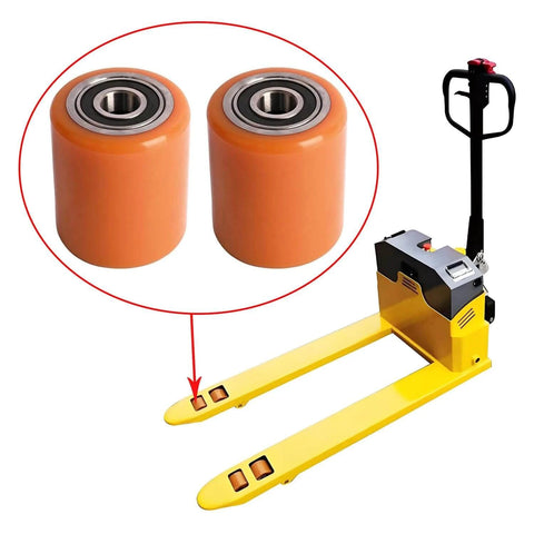 2 PCS Load Wheel Kit compatible with Big Joe E30 and EZ30 pallet jack models, replaces part 1115-133000-40, shown with pallet jack