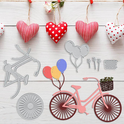 Valentines Day Bike Background Cutting Dies Set For Card Making And Scrapbooking, Balloon, Arrow And Flower Motifs, Durable Carbon Steel Metal Cutters