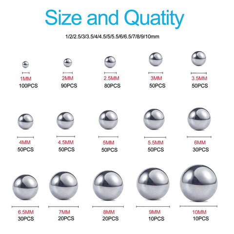 Bike Bearing Balls Kit 690 Piece Set with 15 Metric Sizes from 1mm to 10mm 304 Stainless Steel Precision Balls for Bicycle Bearings